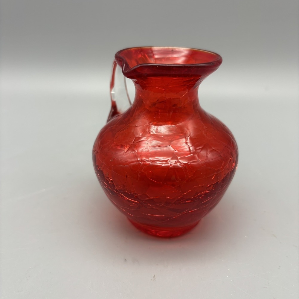 Vtg Red Cranberry Crackle Glass 3.5" Pitcher Clear Applied Handle Hand Blown
